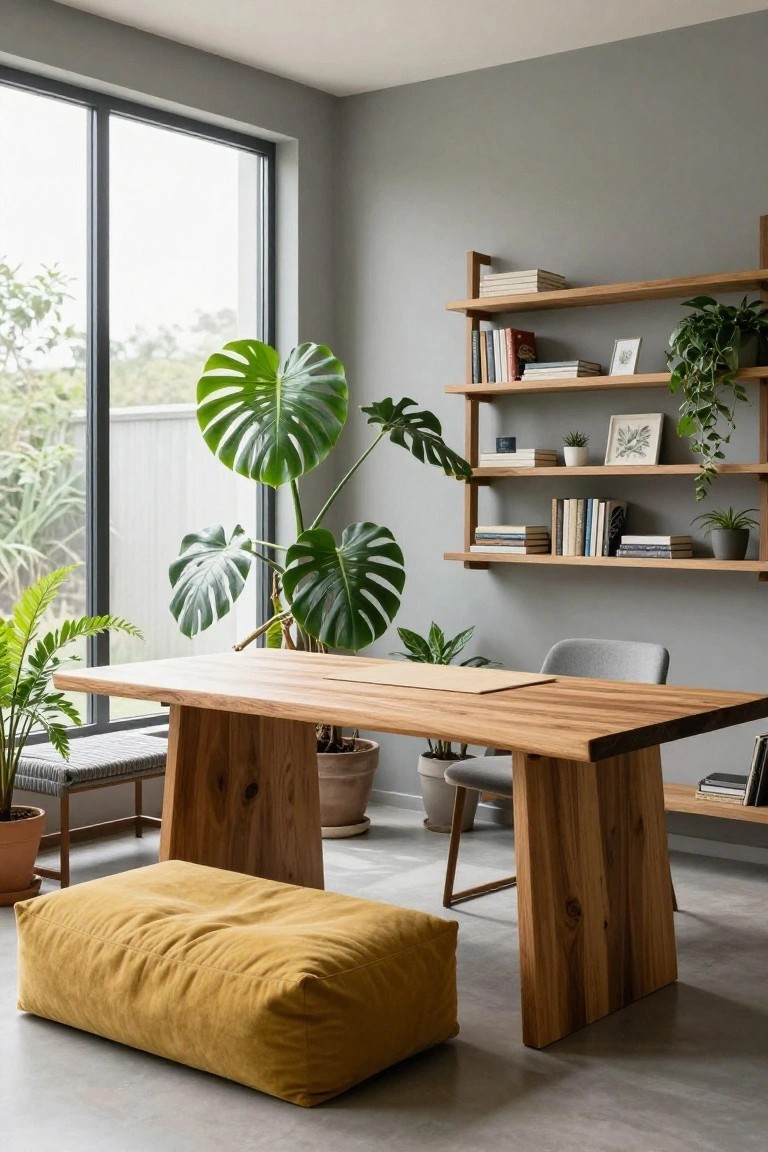 Grey home office with wooden trestle desk, grey upholstered chair, large yellow floor pouf, monstera plant, wall shelves with books and plants, and large window.