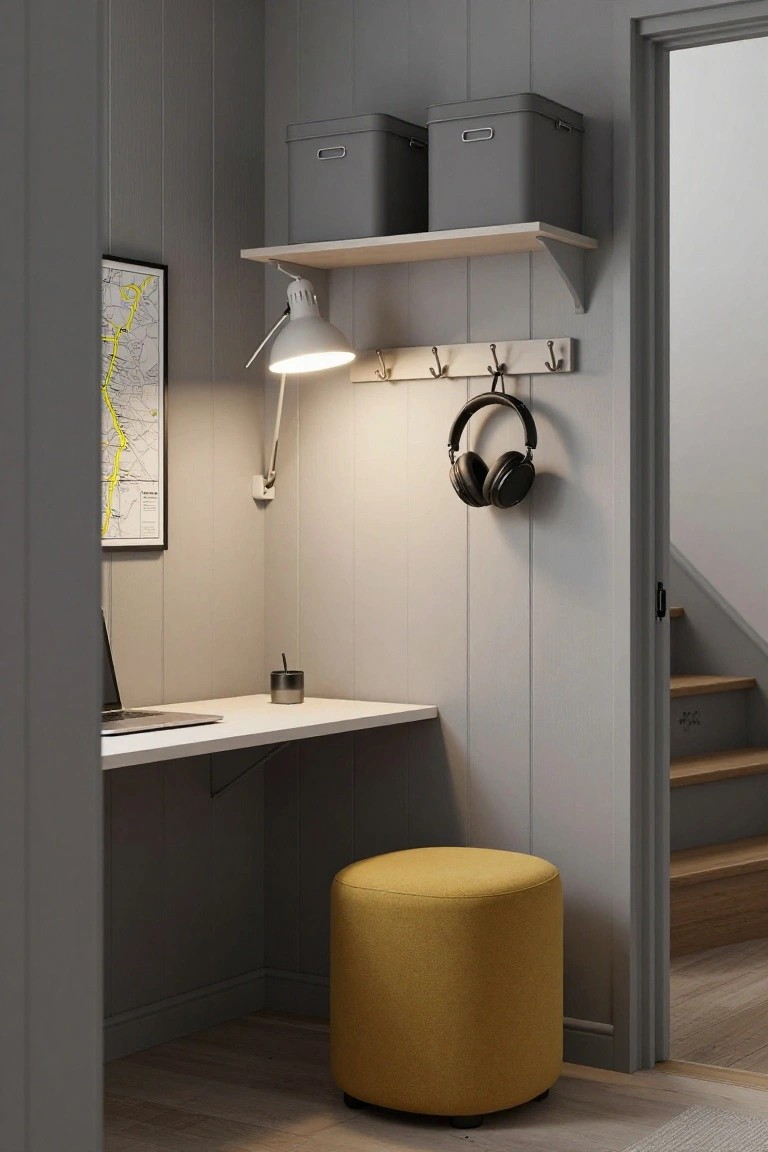 Compact home office nook with grey vertical paneled walls, floating white desk holding laptop and pen holder, yellow fabric pouf stool below desk, wooden wall shelf with two grey boxes, adjustable white desk lamp, framed yellow-line map, wall hooks holding black headphones, and open doorway to wooden staircase.