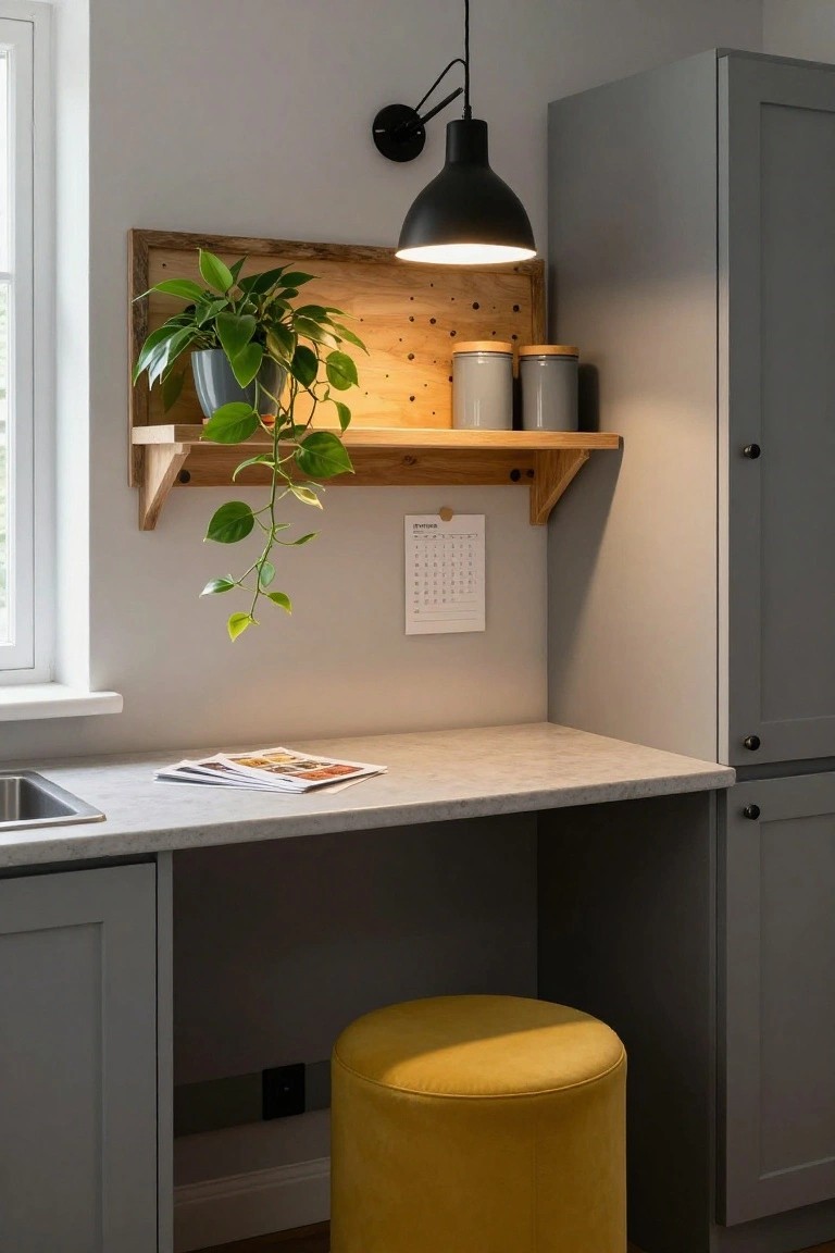 Close-up interior view of a grey kitchen office nook with white marble countertop, stainless sink, wooden wall shelf holding potted trailing plant, grey canisters, wall calendar, open magazine, and yellow velvet pouf stool underneath.