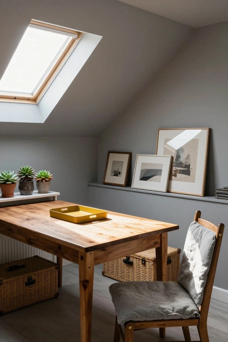 Attic home office with sloped grey walls, wooden desk topped by yellow tray, potted succulents on shelf, framed artwork, grey chair cushion, wicker storage baskets, and skylight.