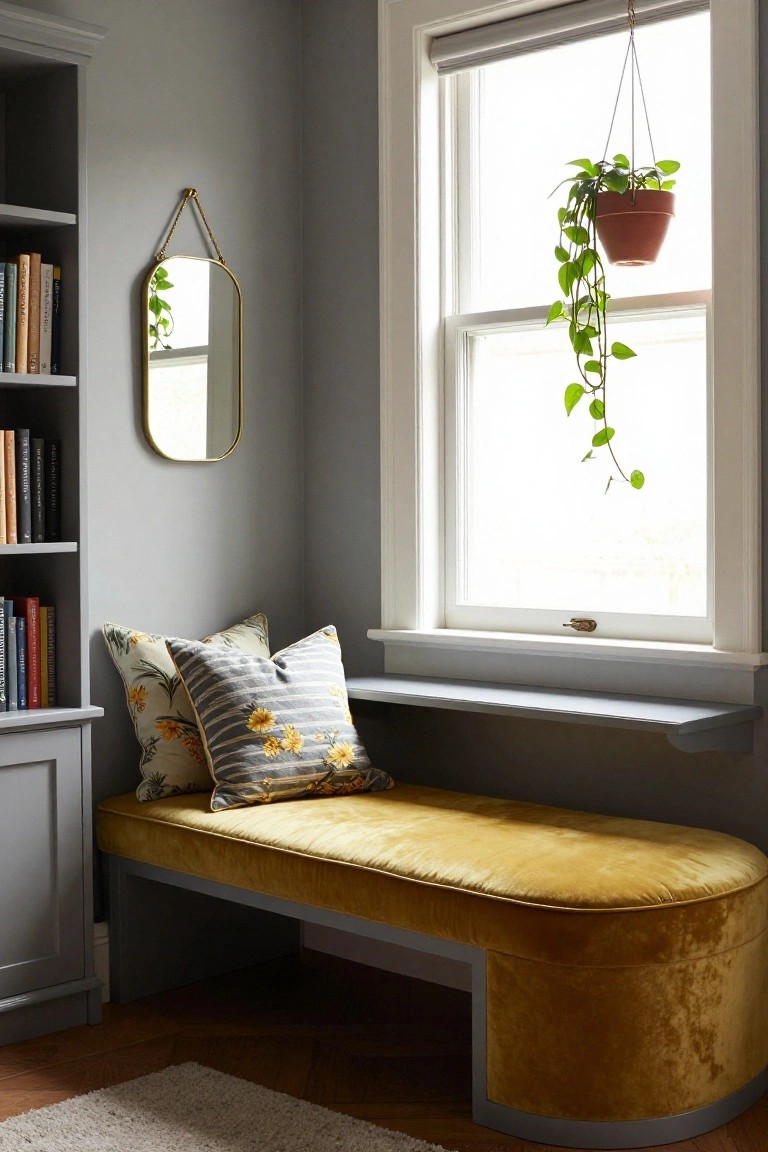 Grey-walled room corner with built-in bookshelves, gold-framed oval mirror, hanging potted plant by white window with roller shade, grey window shelf, and curved yellow velvet bench topped with yellow floral pillows.