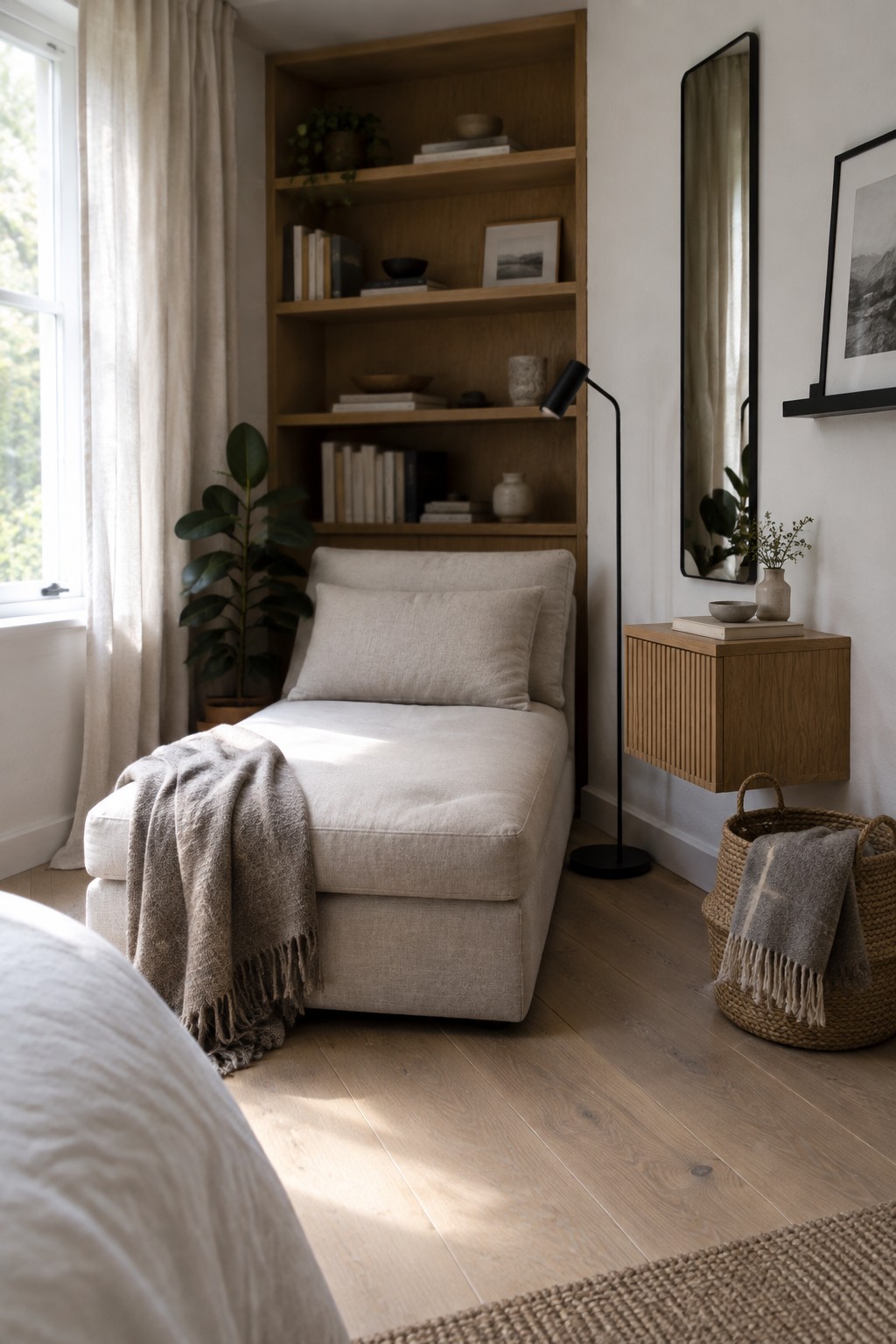 A light beige chaise lounge is placed in a bedroom corner under wooden built-in shelves, next to a tall black floor lamp and a woven basket.