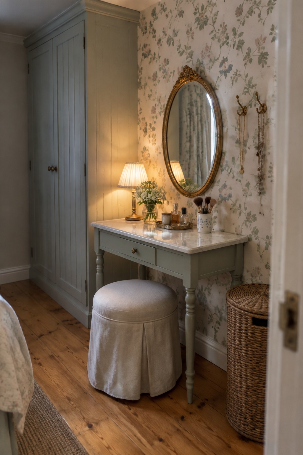 Sage green vanity with marble top, gold mirror, skirted stool on wood floor