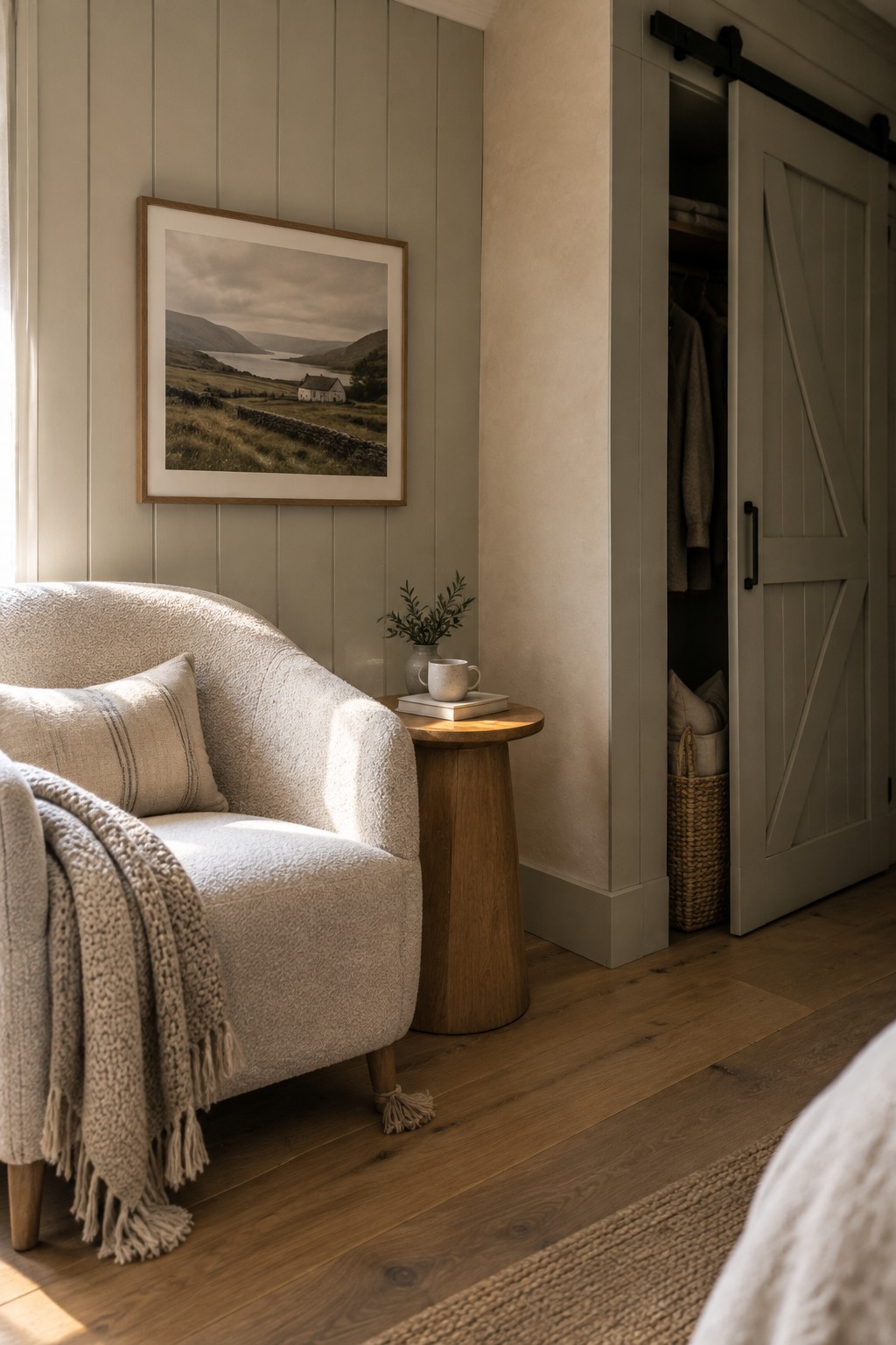 A light boucle armchair with a fringed throw sits next to a round wooden pedestal table in a bedroom corner beside an open sliding barn door closet.