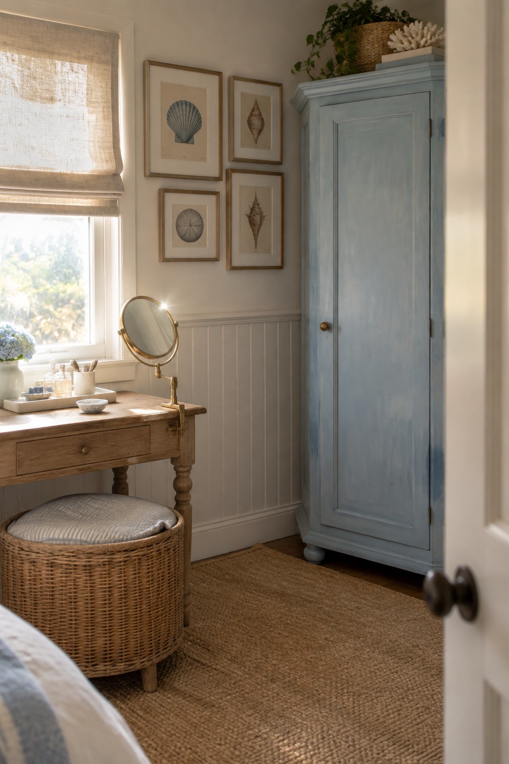 A light blue tall armoire stands in the corner of a bedroom beside a wooden vanity table with a round mirror and wicker stool.