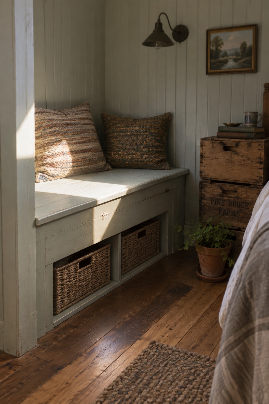 A bedroom corner with a light green built-in bench seat holding two woven pillows, open storage below with two wicker baskets, and stacked wooden crates with books and a potted plant on a dark wood floor.