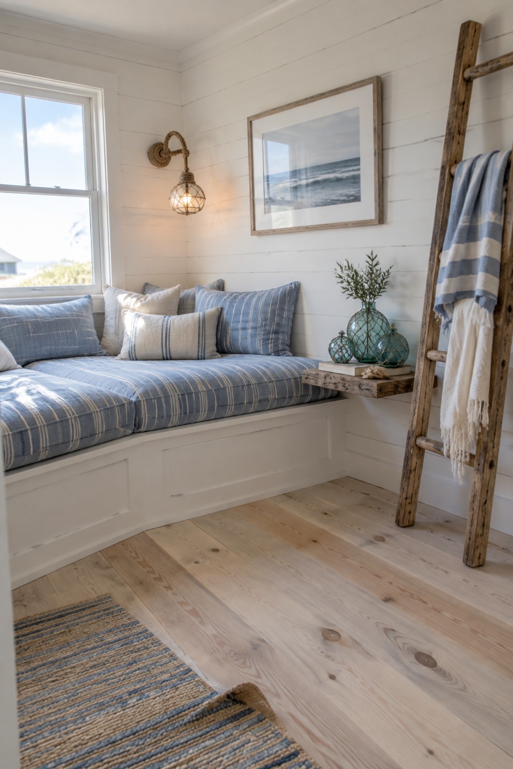 A white built-in bench with blue and white striped cushions sits in the corner of a room beneath a window, with light wood flooring and white walls.