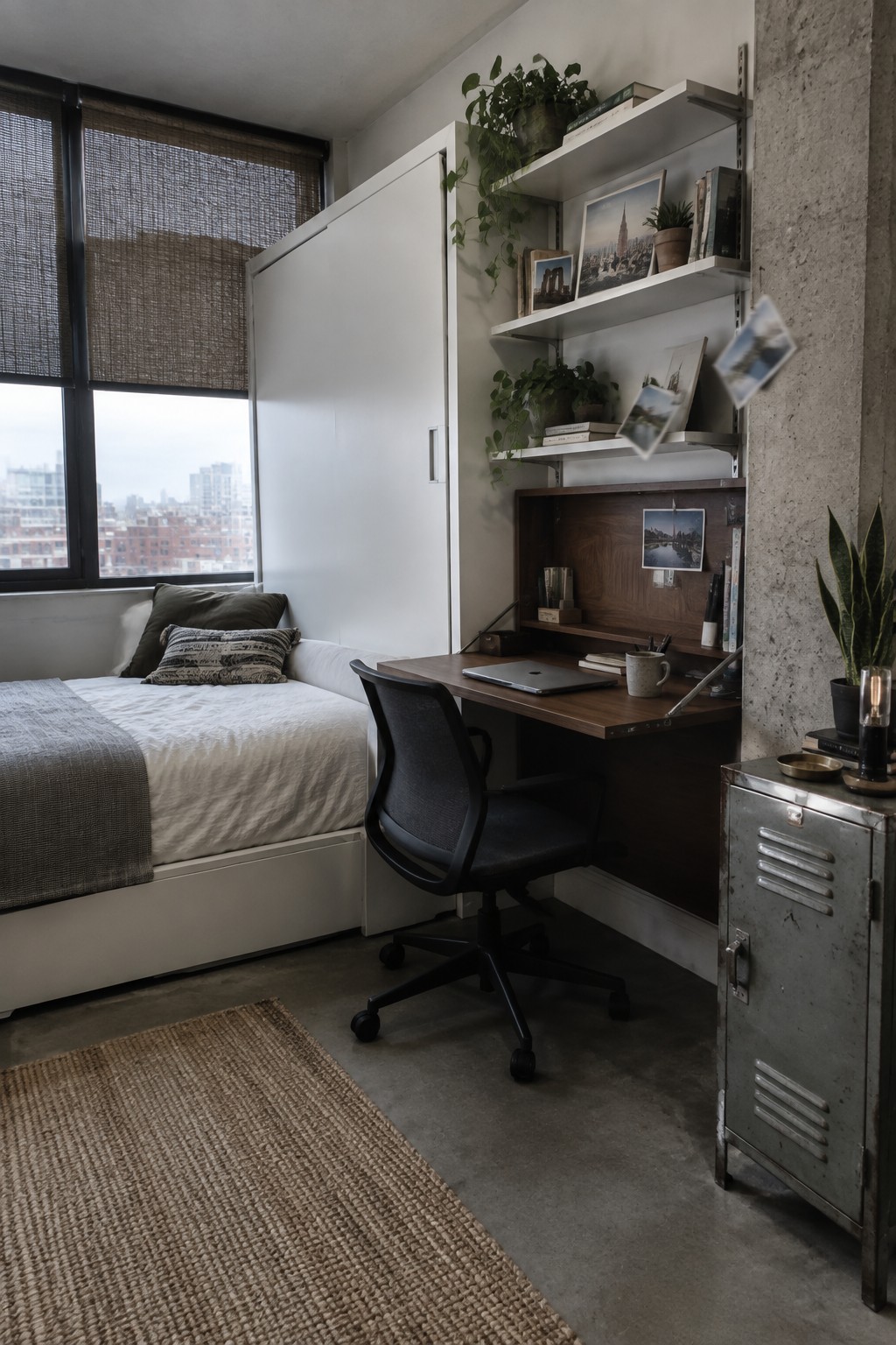 A bedroom corner with a wooden desk, black office chair, and white floating shelves holding books, plants, and framed photos above it, next to a bed with white bedding.