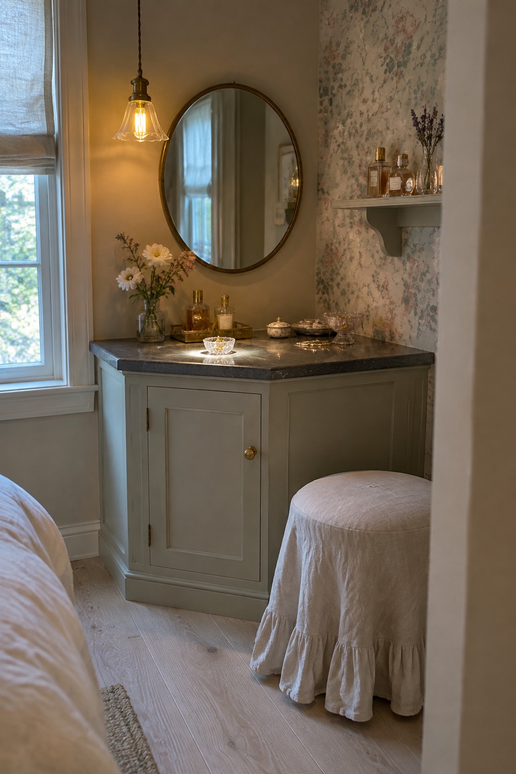 A sage green corner vanity cabinet with a dark marble top sits in a bedroom nook beside a window, with a round mirror above, perfume bottles, and a white ruffled stool in front.