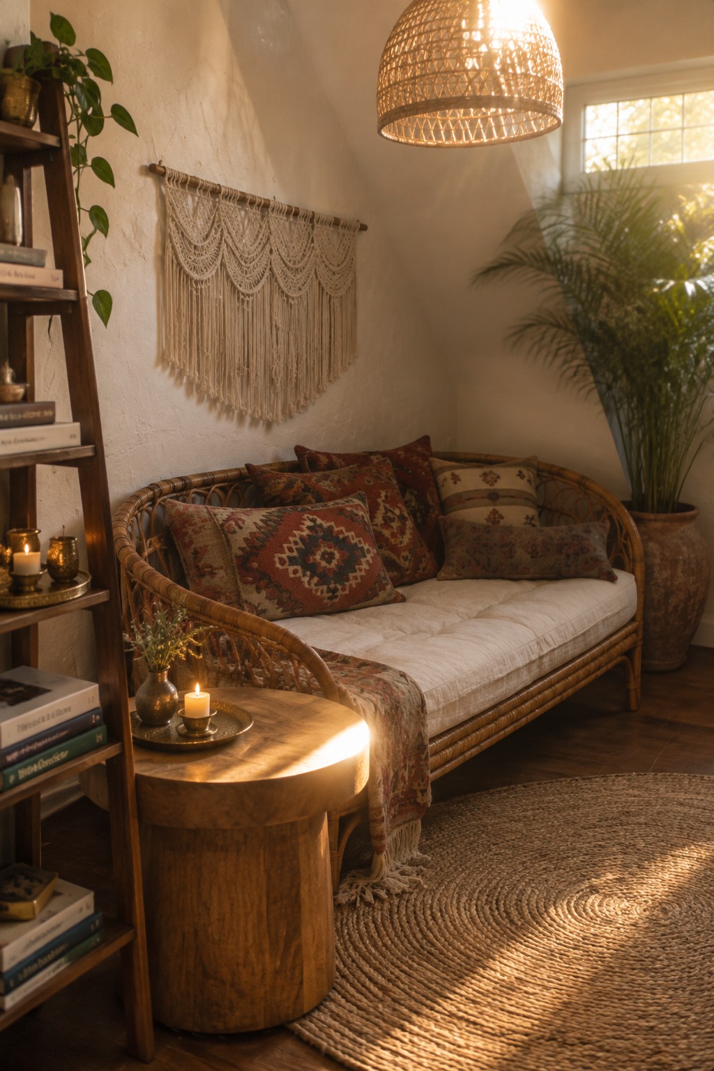 A rattan daybed with patterned cushions sits in a corner beneath a macrame wall hanging, next to a round wooden side table holding lit candles.