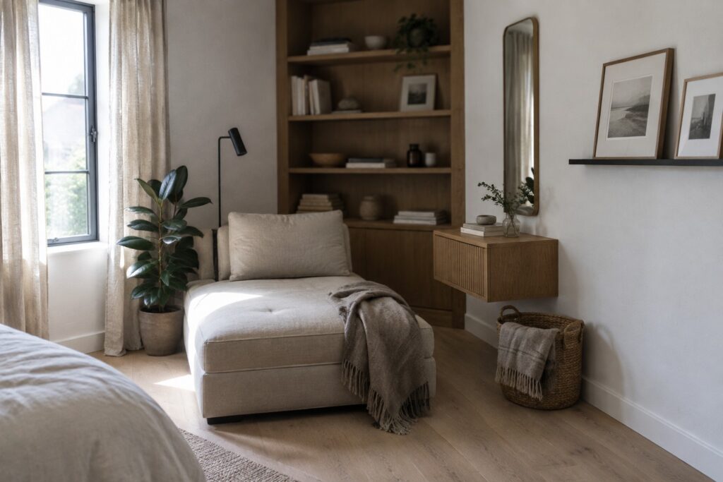 15 Corner Furniture Ideas for Bedrooms With Awkward Floor Space A light beige chaise lounge is placed in a bedroom corner under wooden built-in shelves, next to a tall black floor lamp and a woven basket.