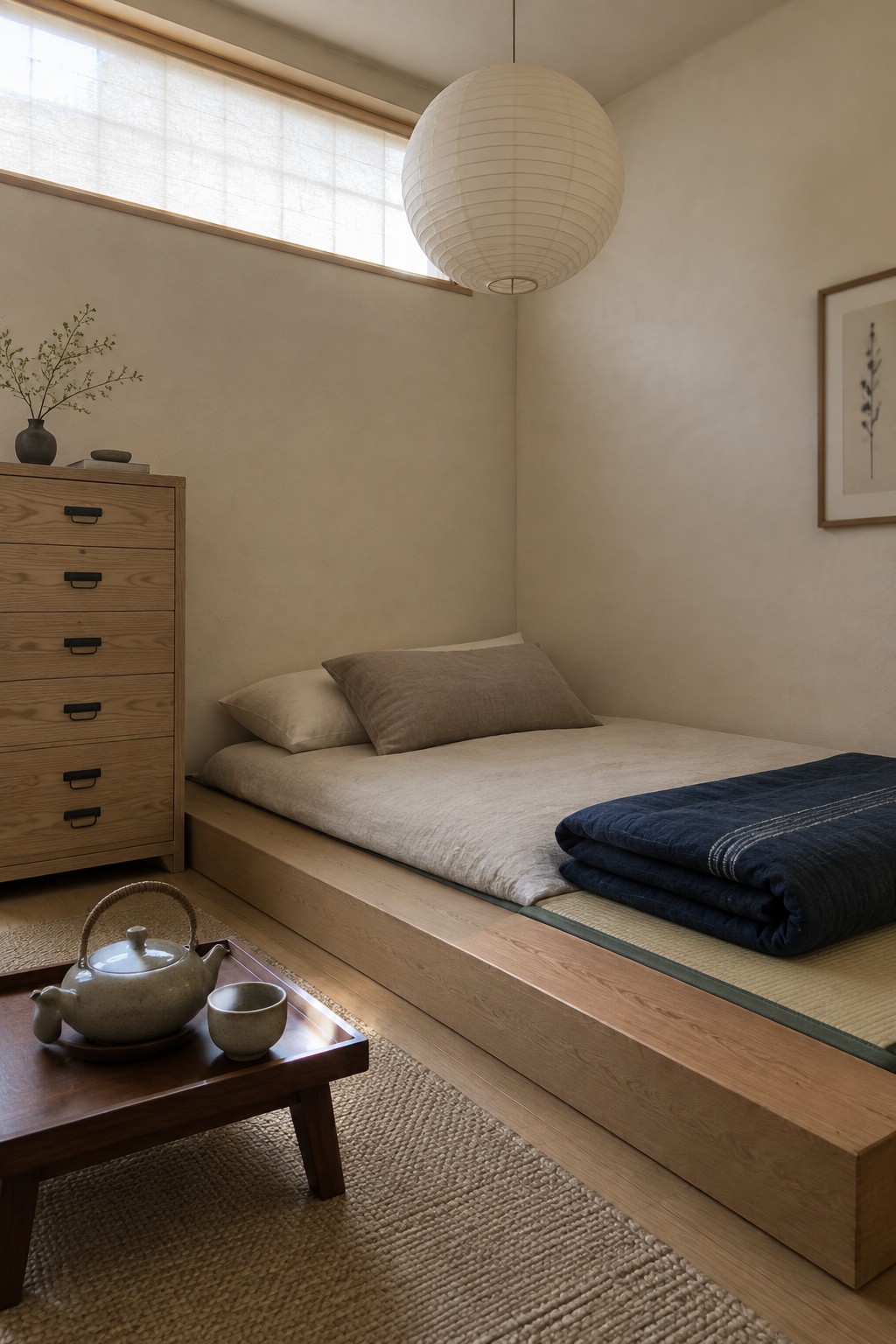 A minimalist bedroom with a low wooden platform bed fitted into the corner, beige bedding, a folded navy blanket, a wooden dresser on the left, and a small tea tray on a rug in the foreground.