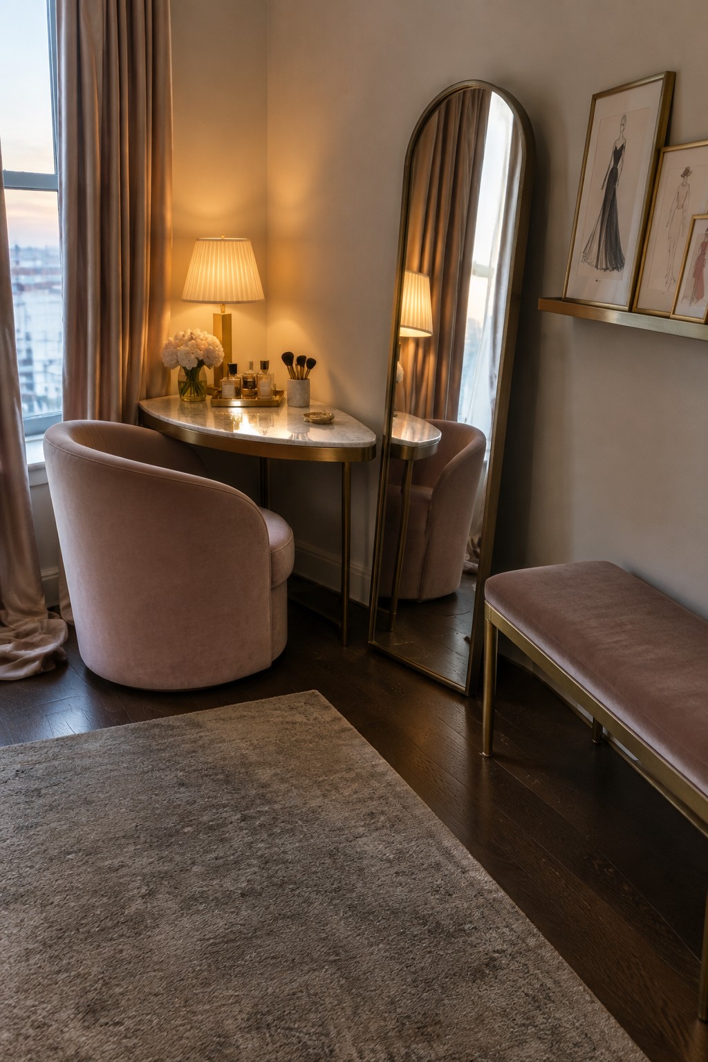 Blush pink velvet chair at marble vanity with arched gold mirror and bench