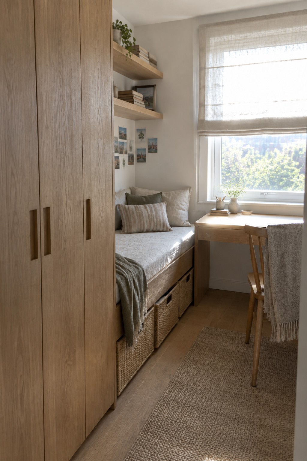 A small bedroom with light oak built-in wardrobe, a daybed with under-bed woven storage baskets, a wooden desk by a window, and floating shelves above the bed.
