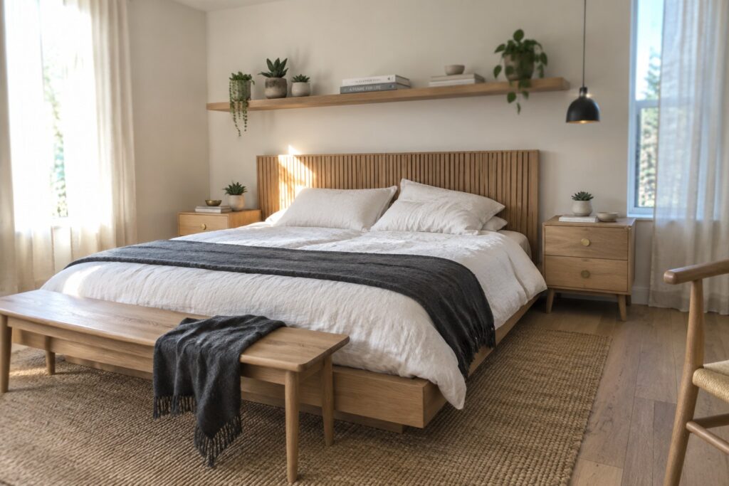 16 Oak Bedroom Furniture Ideas Featuring Natural Wood Grain A bedroom featuring a light oak bed with vertical slat headboard, white bedding, a matching oak bench at the foot of the bed, and two oak nightstands on a woven jute rug.
