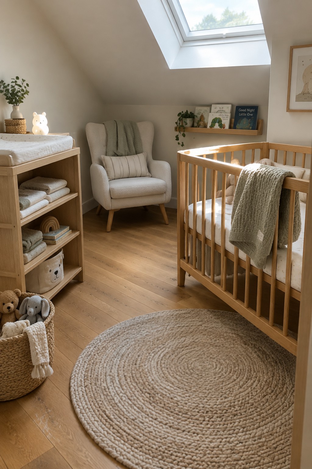 A nursery interior with a light oak crib, matching changing table with shelves, upholstered armchair, and round woven rug on wood flooring under a skylight.