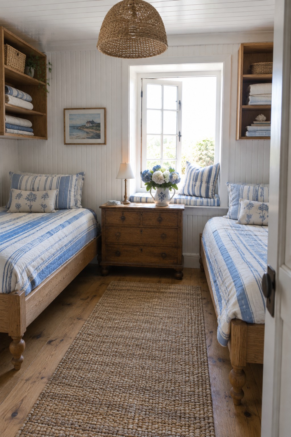 Cozy coastal bedroom with two twin beds in blue striped linens and wooden furniture