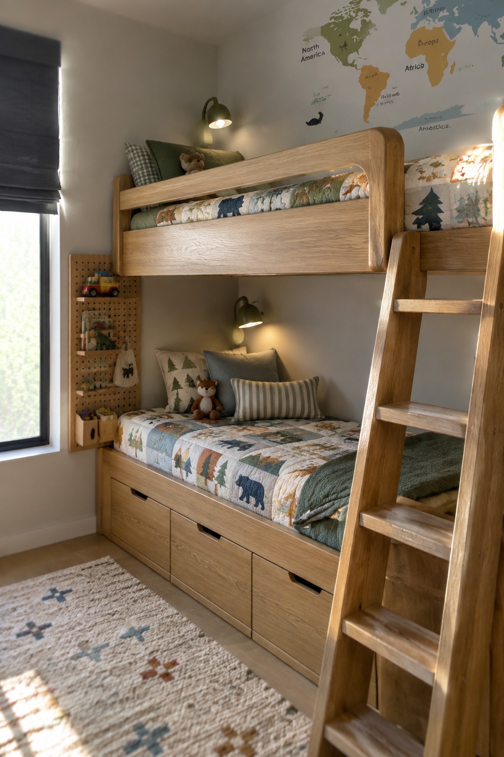 Wooden bunk bed with dinosaur quilt, ladder, storage drawers, pegboard toys, and world map