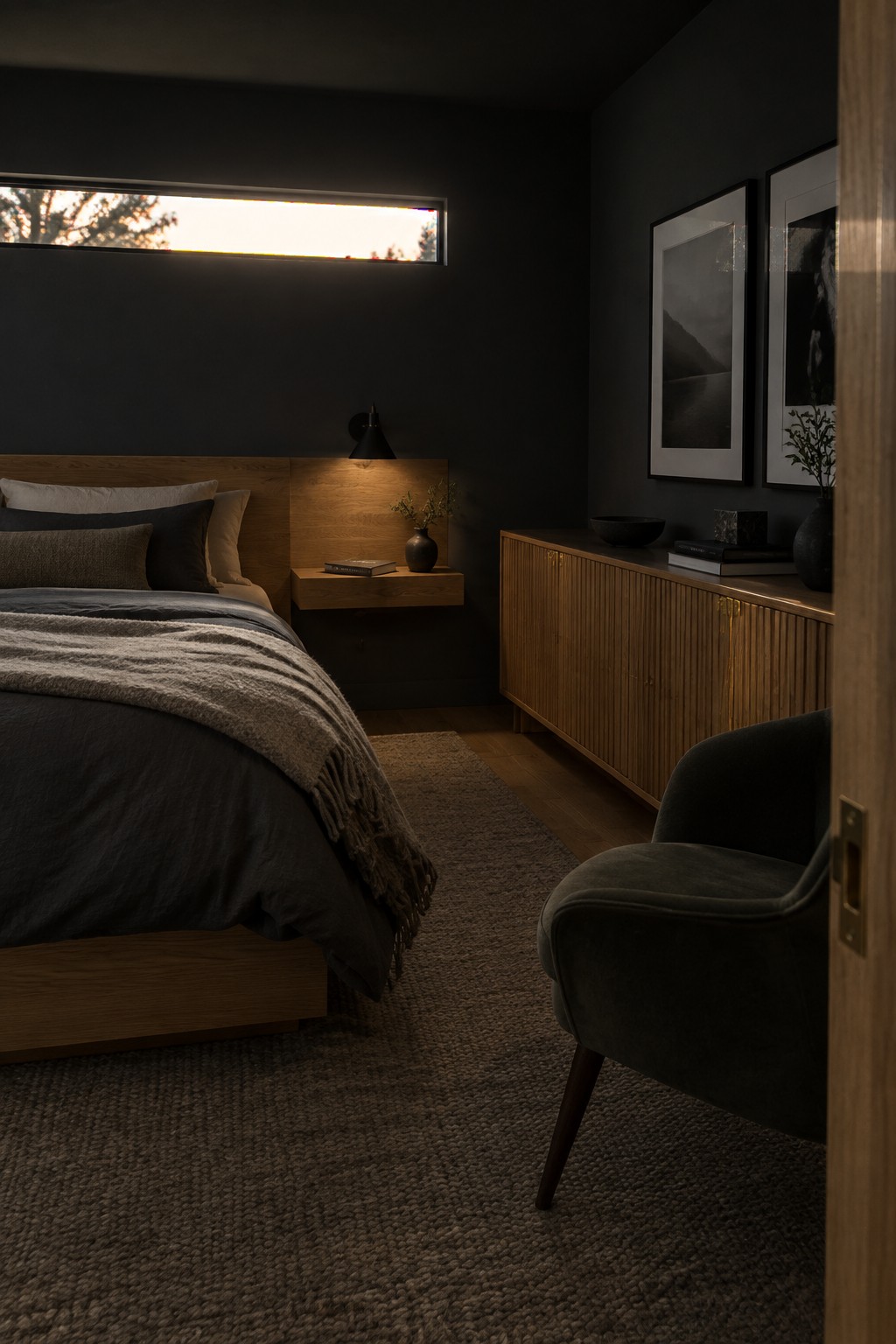 A bedroom with an oak bed frame and headboard, dark bedding, a floating oak nightstand, and a long oak cabinet against dark walls, with two framed prints above the cabinet.