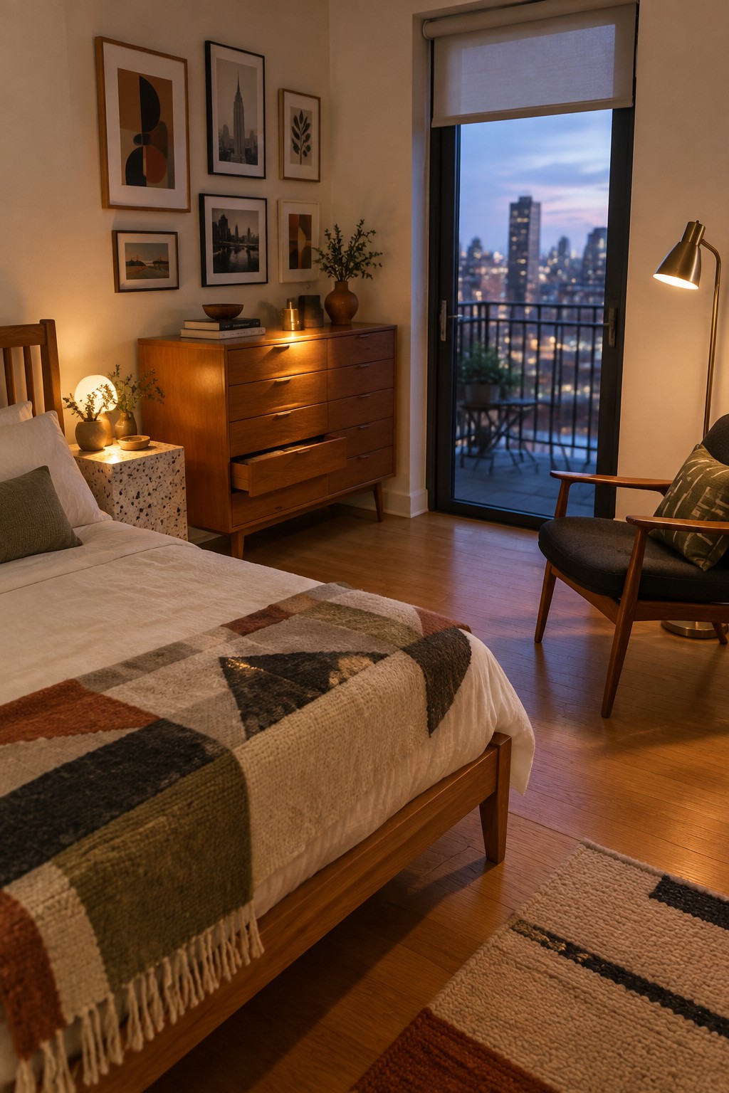 Cozy bedroom with wooden bed, dresser, armchair, and glowing city skyline view.