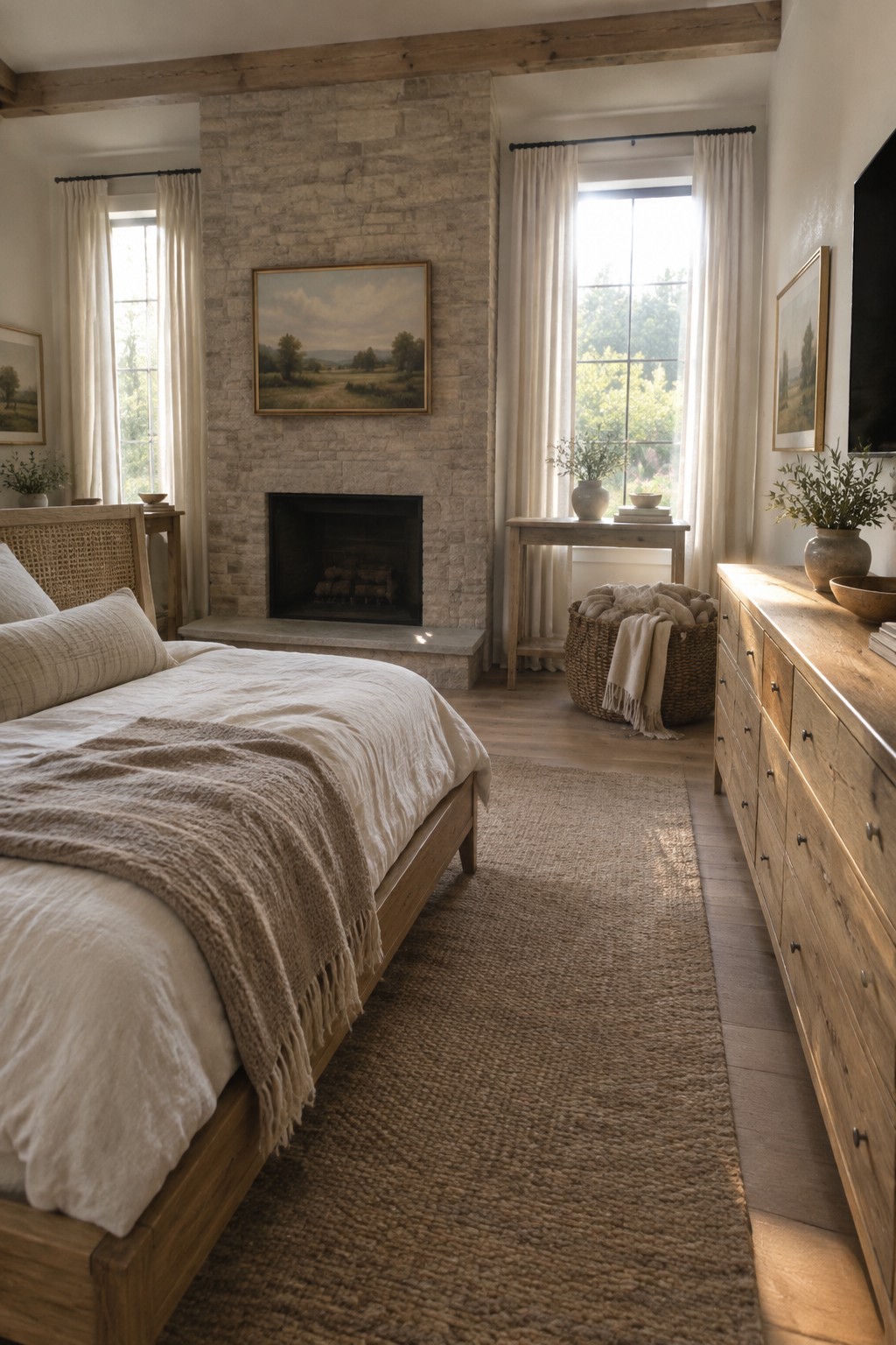 Rustic bedroom with wooden bed, stone fireplace, beige linens, and woven rug.