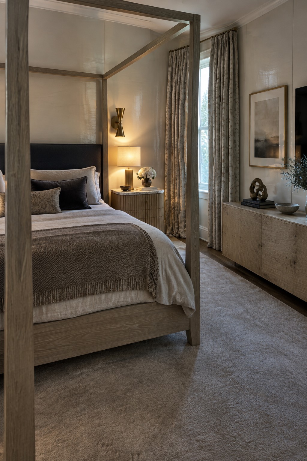 A bedroom featuring a light oak four-poster bed with neutral bedding, a matching nightstand, and a long oak dresser along the right wall.