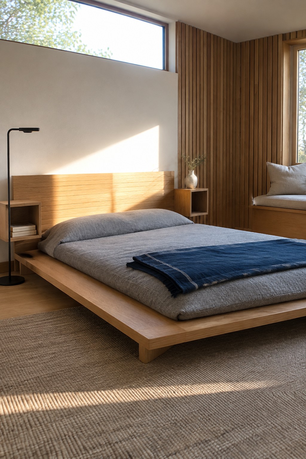 Minimalist wooden platform bed with gray linens and blue throw in sunlit room