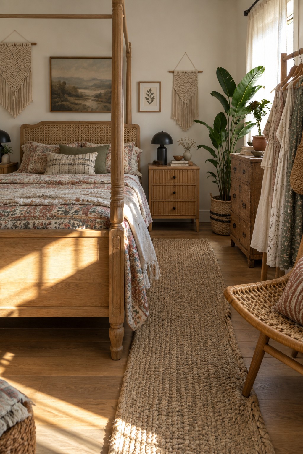 Sunlit wooden four-poster bed with woven rug, plants, macrame, and clothing rack