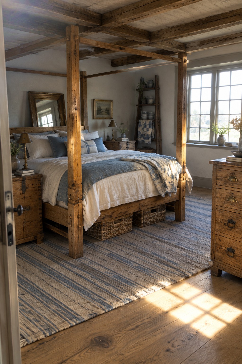 A bedroom with a large four-poster oak bed dressed in white and blue linens, wooden nightstands, a striped rug, and sunlight coming through a window.