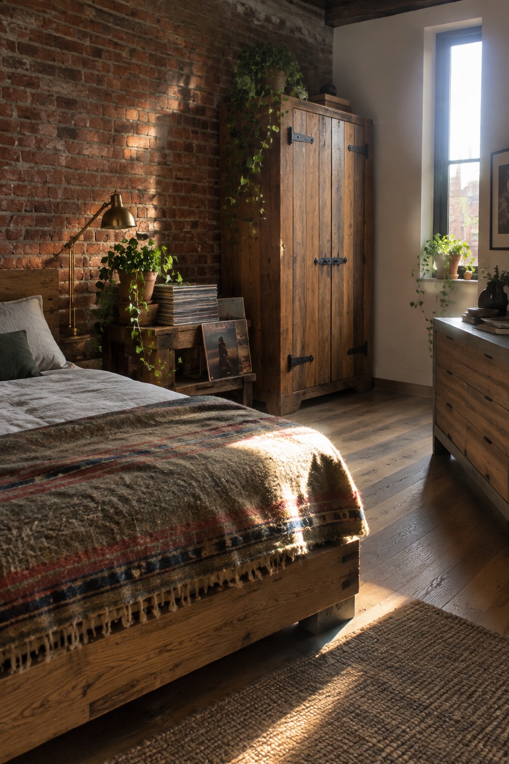 A bedroom with a wooden bed frame, a tall wooden wardrobe, plants, and an exposed brick wall.