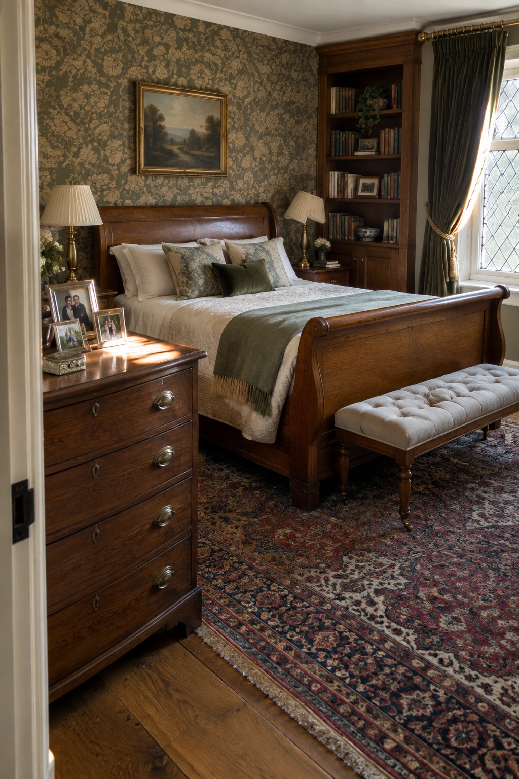A bedroom with a large oak sleigh bed, matching wooden dresser, and built-in bookshelves set against green floral wallpaper and a patterned area rug.