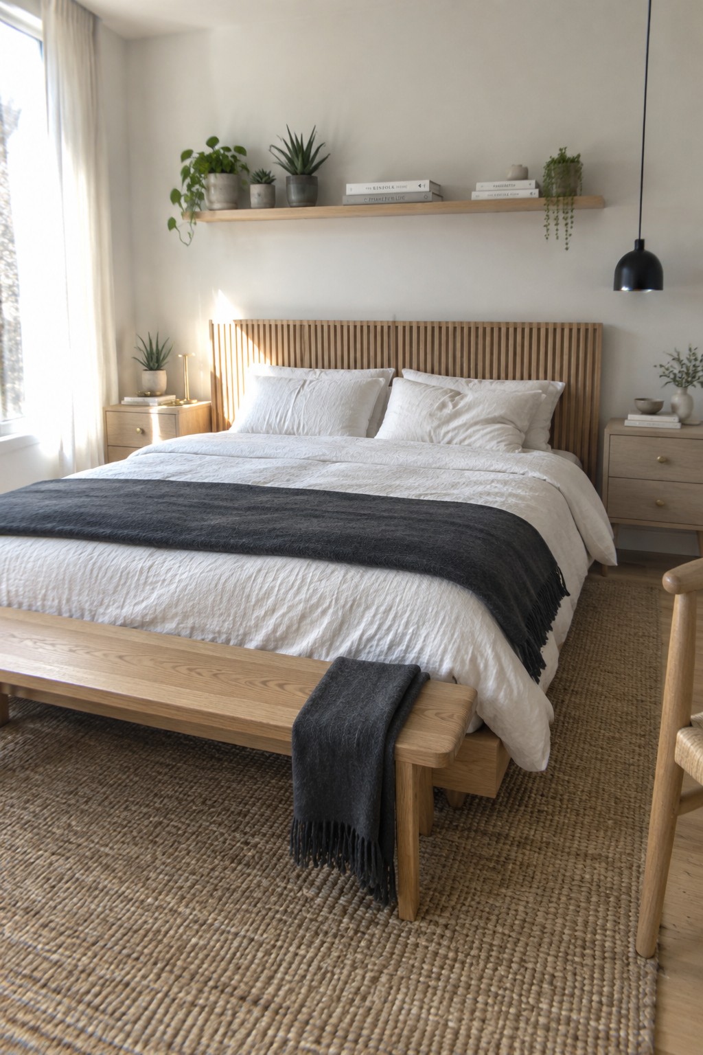 A bedroom featuring a light oak bed with vertical slat headboard, white bedding, a matching oak bench at the foot of the bed, and two oak nightstands on a woven jute rug.