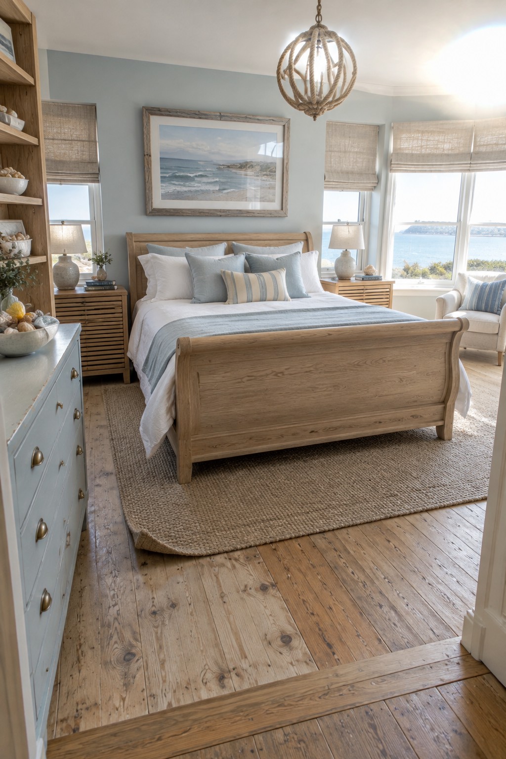 Coastal bedroom with wooden sleigh bed, blue bedding, ocean-view windows, and rope chandelier.