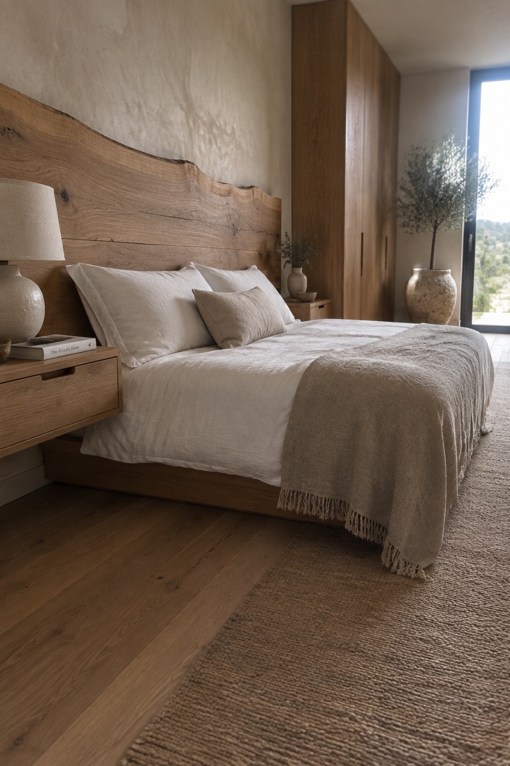 Modern bedroom with live-edge wooden headboard, white linens, beige throw, and jute rug