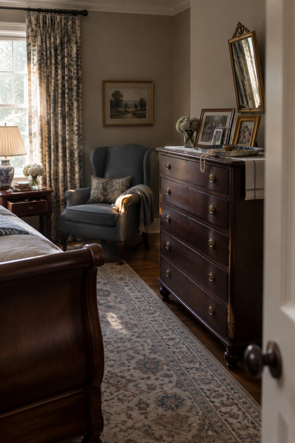 A bedroom shows a tall dark wood chest of drawers with framed photos on top, a mirror above it, and a blue upholstered chair beside a window with patterned curtains.