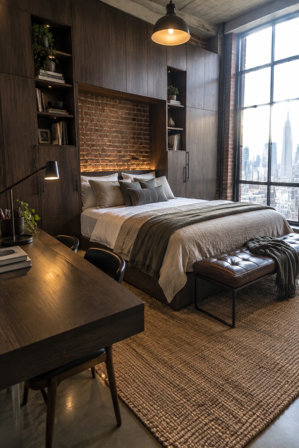 A modern bedroom featuring dark wood built-in cabinetry surrounding a bed with white and gray bedding, a tufted leather bench at the foot, a large city-view window, and a wooden desk in the foreground.