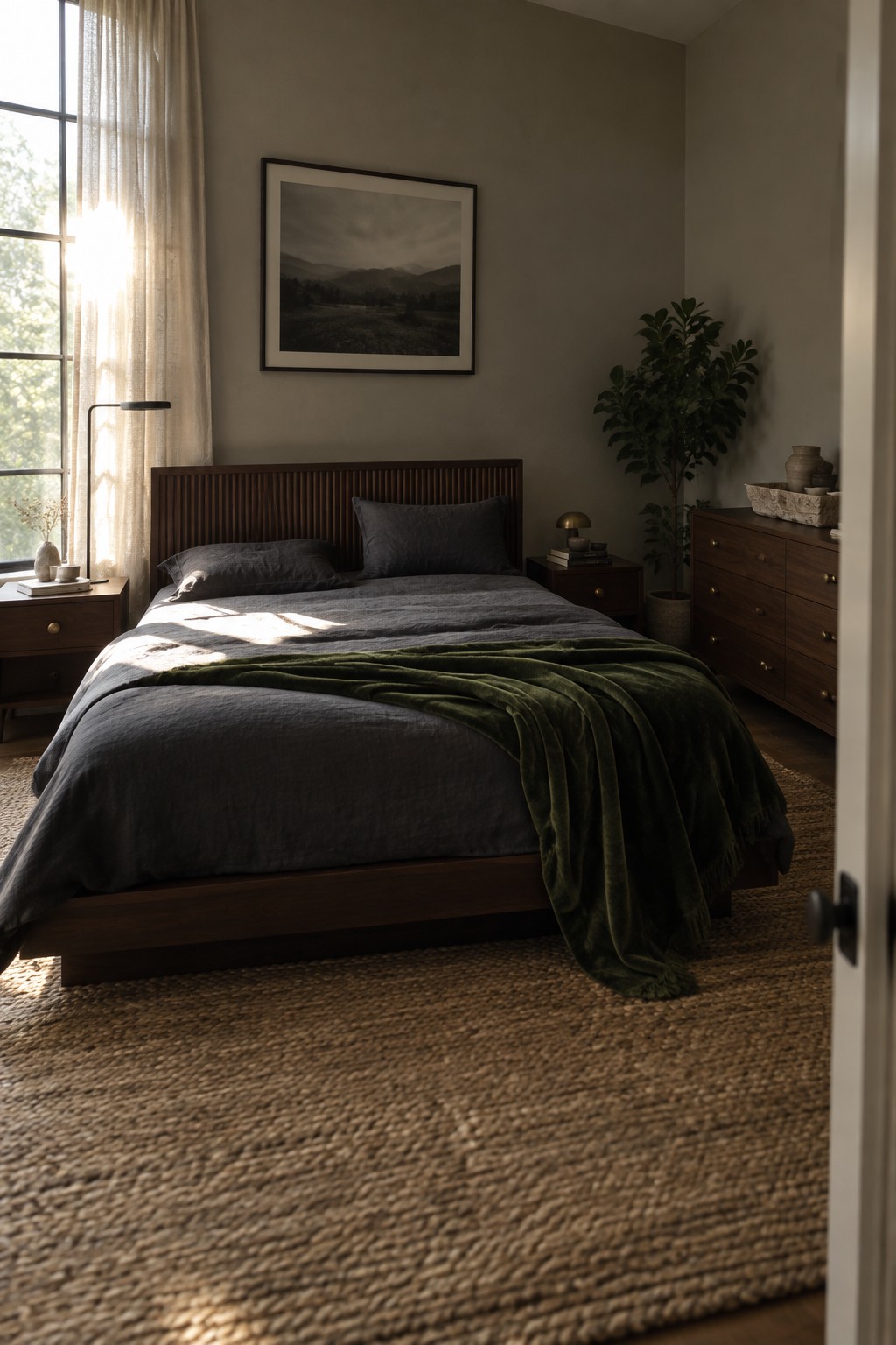 A bedroom with a dark wood bed frame, gray bedding, green throw, two matching nightstands, and a large woven rug.
