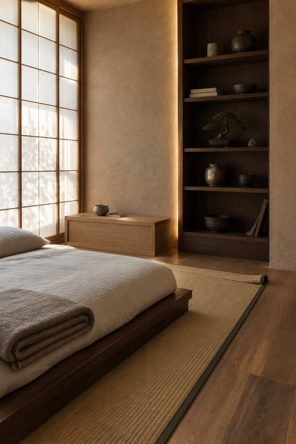 A bedroom featuring a low dark wood platform bed with light bedding, a tatami mat on wood flooring, and a tall built-in dark wood shelving unit displaying ceramics, books, and a bonsai next to a shoji screen.