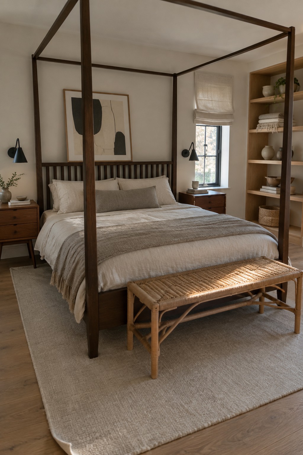 Minimalist bedroom with four-poster bed, woven bench, neutral linens, and wooden shelves.