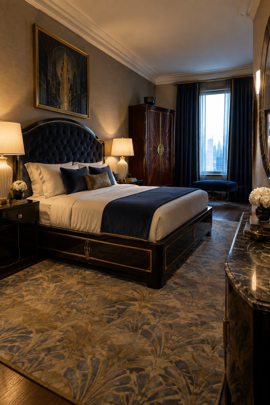 Elegant Art Deco bedroom with navy tufted bed, white linens, and city view.