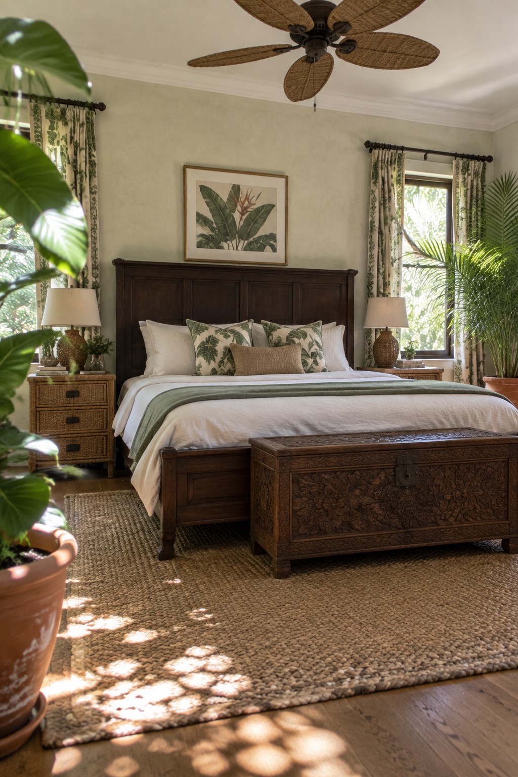 A bedroom featuring a dark wood bed with white and green bedding, matching nightstands, a carved wooden chest, botanical art, and woven rugs on hardwood flooring.
