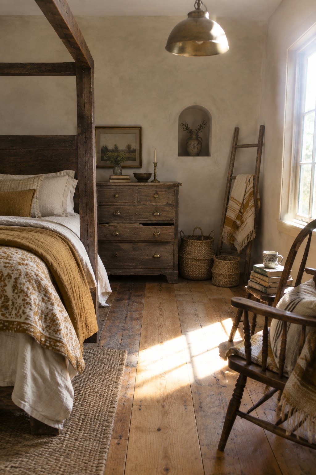 A bedroom interior featuring a dark wood four-poster bed with white and mustard linens, a matching wooden dresser, woven baskets, a wooden ladder, and a rustic chair near a sunlit window.