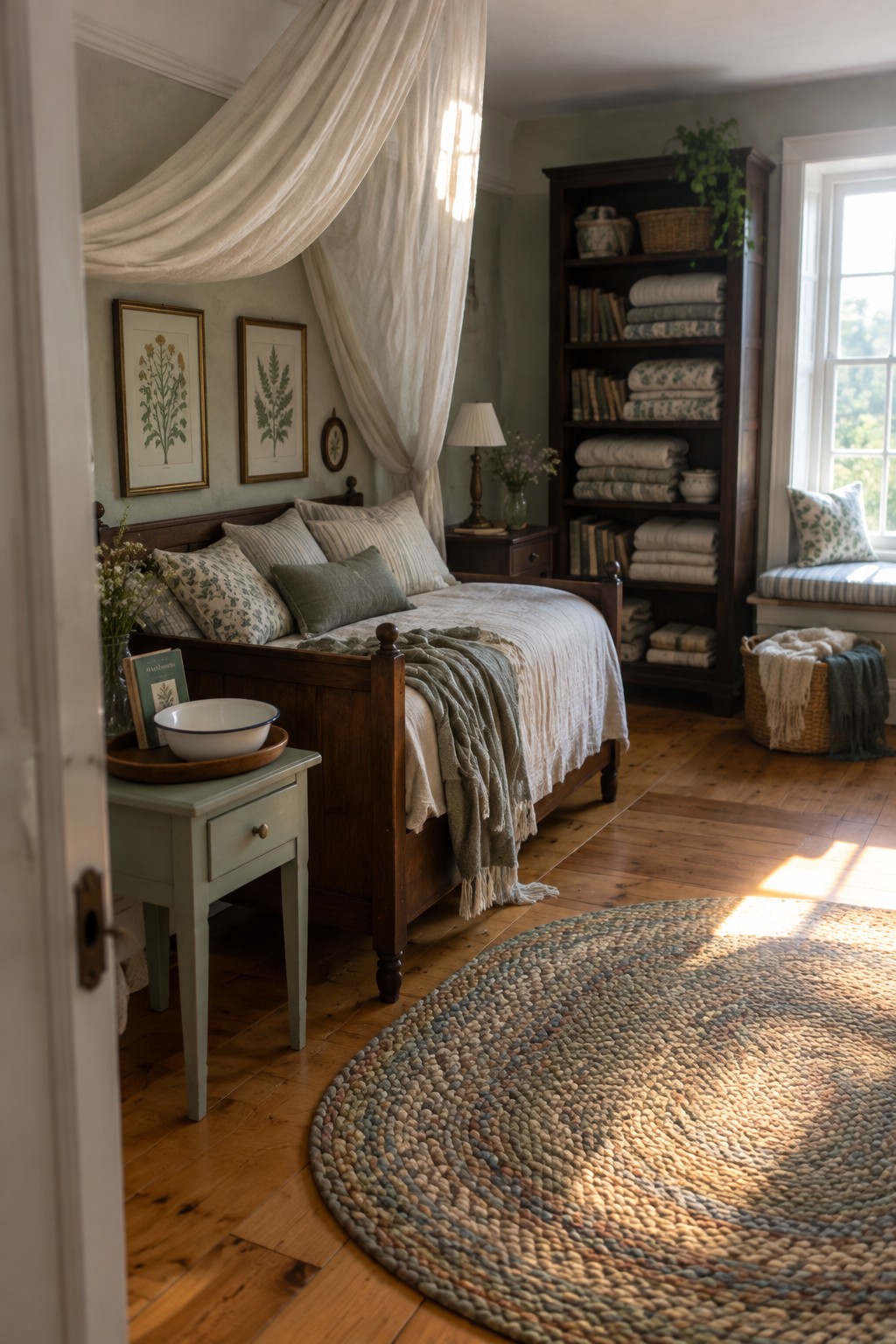 Cozy sunlit bedroom with wooden canopy bed, bookshelf, and braided rug on floor
