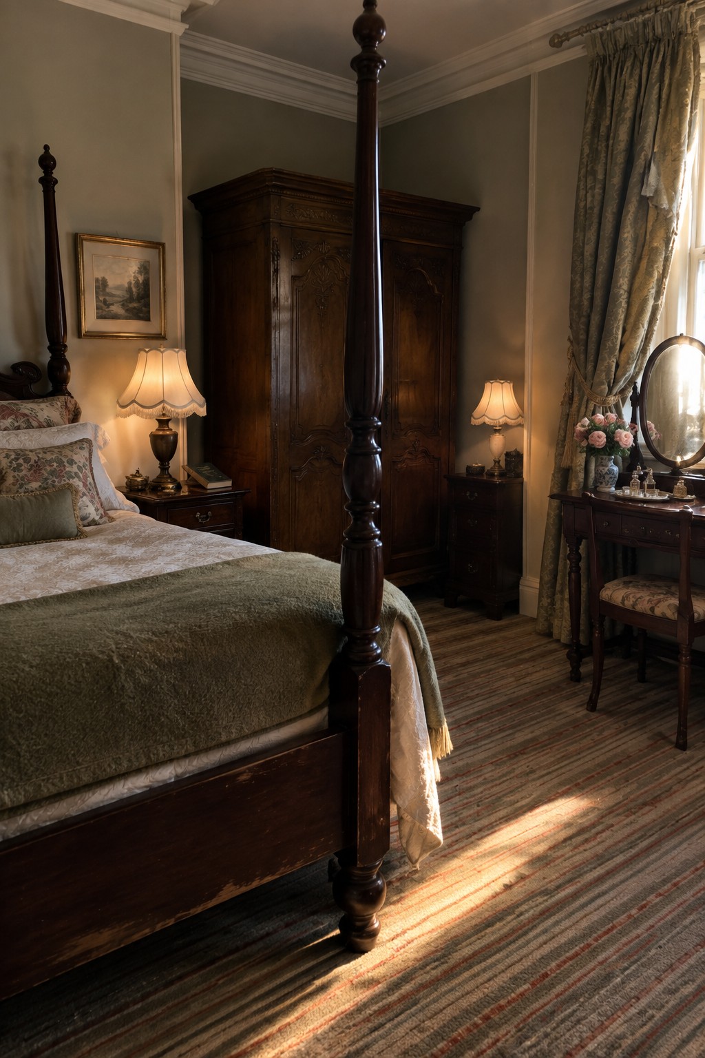 A bedroom with a dark wood four-poster bed, matching wardrobe, green bedding, and a vanity table beside a window.