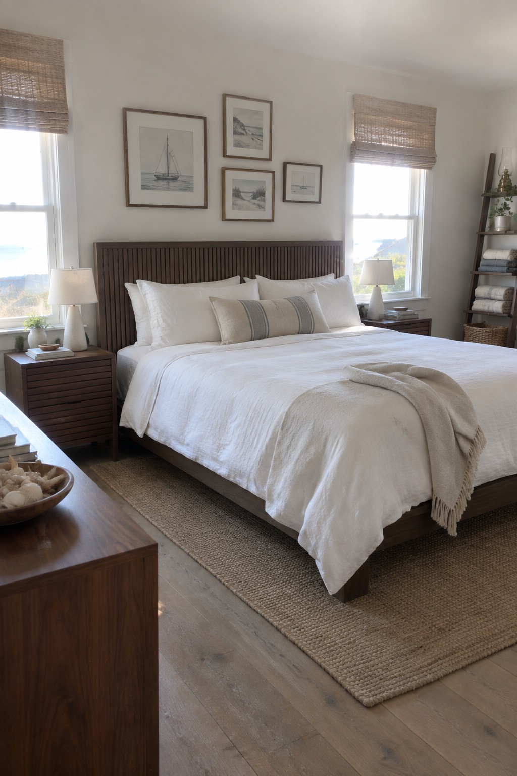 A bedroom with a dark wood bed frame, white bedding, matching nightstands, and framed artwork above the headboard.