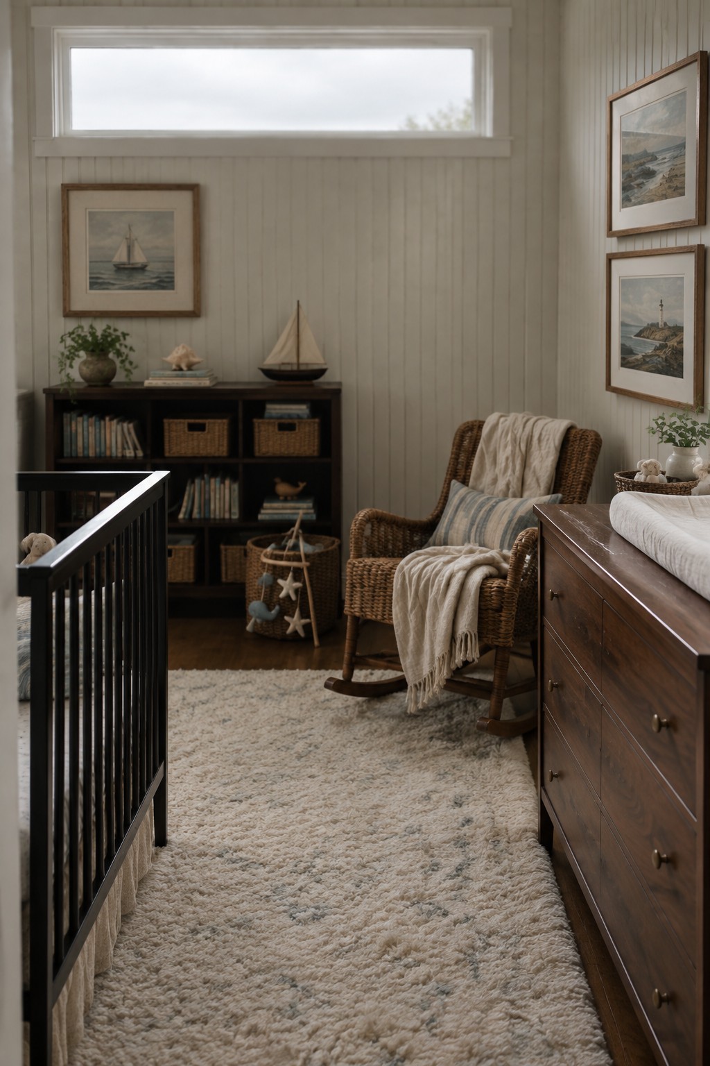 A bright nursery with dark wood crib, dresser, and bookshelf, a wicker rocking chair, light walls, and a white fluffy rug.