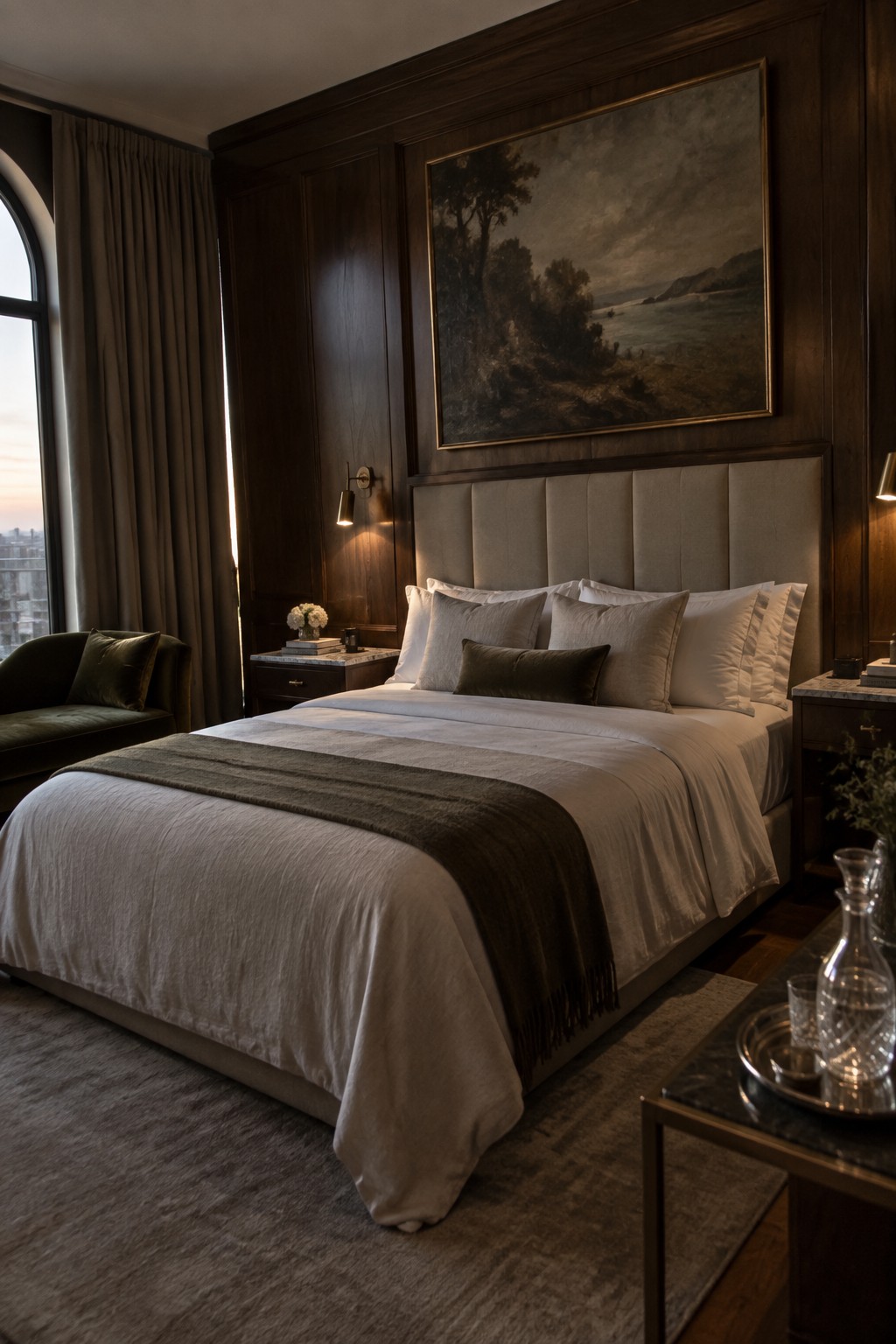 Luxurious bedroom with large bed, dark wood paneling, and landscape painting above headboard.