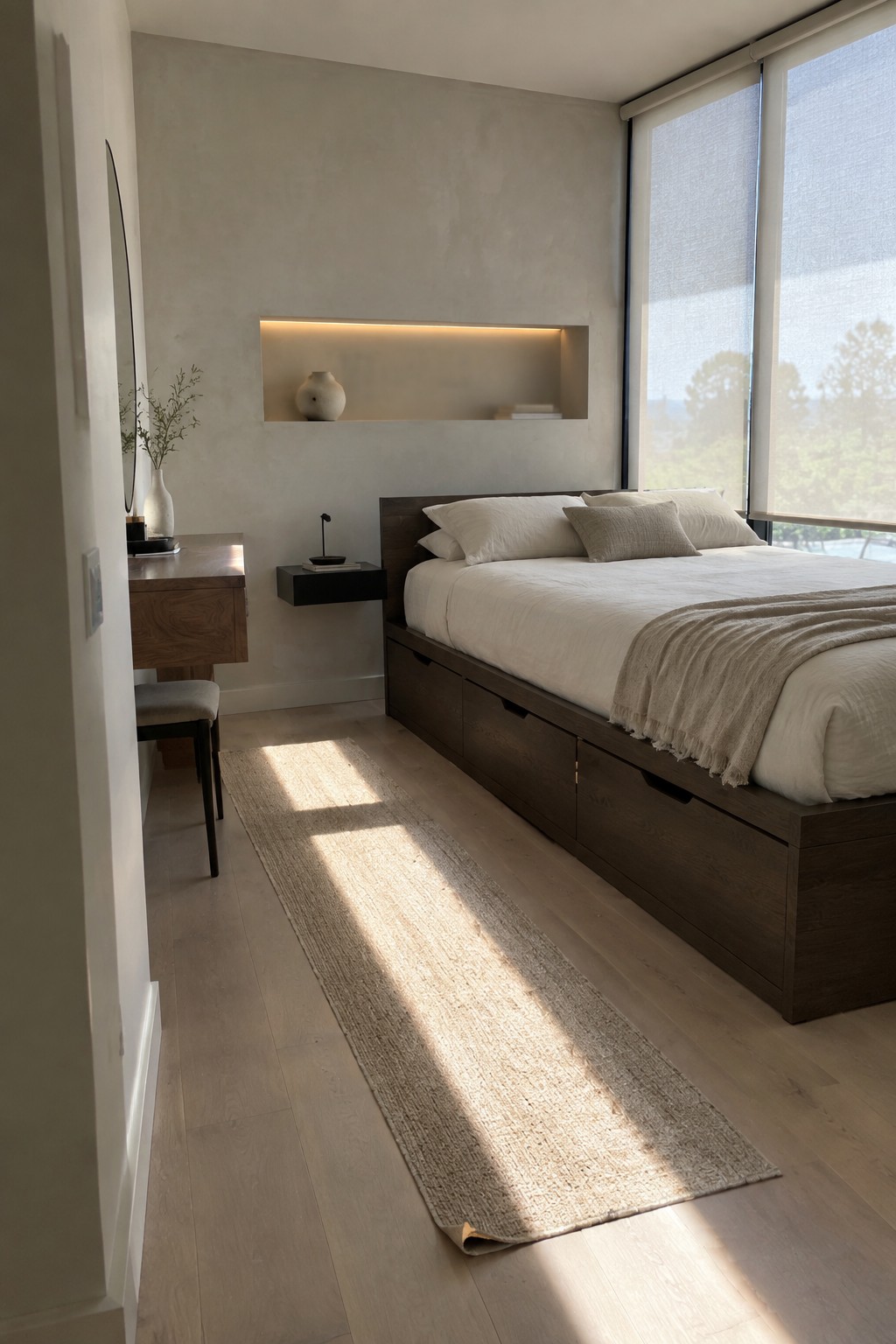 A modern bedroom with a dark wood platform bed featuring built-in drawers, white linens, a woven runner rug, and a recessed lit shelf on the wall above the bed.