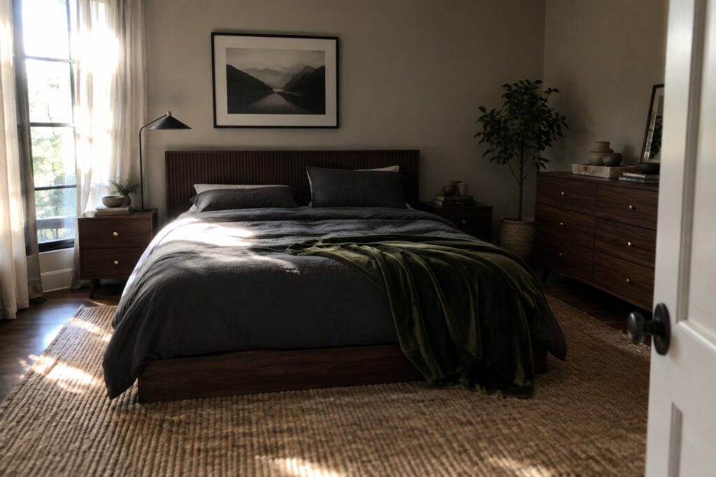 16 Dark Wood Bedroom Furniture Ideas for Richer Bedroom Schemes A bedroom with a dark wood bed frame, gray bedding, green throw, two matching nightstands, and a large woven rug.