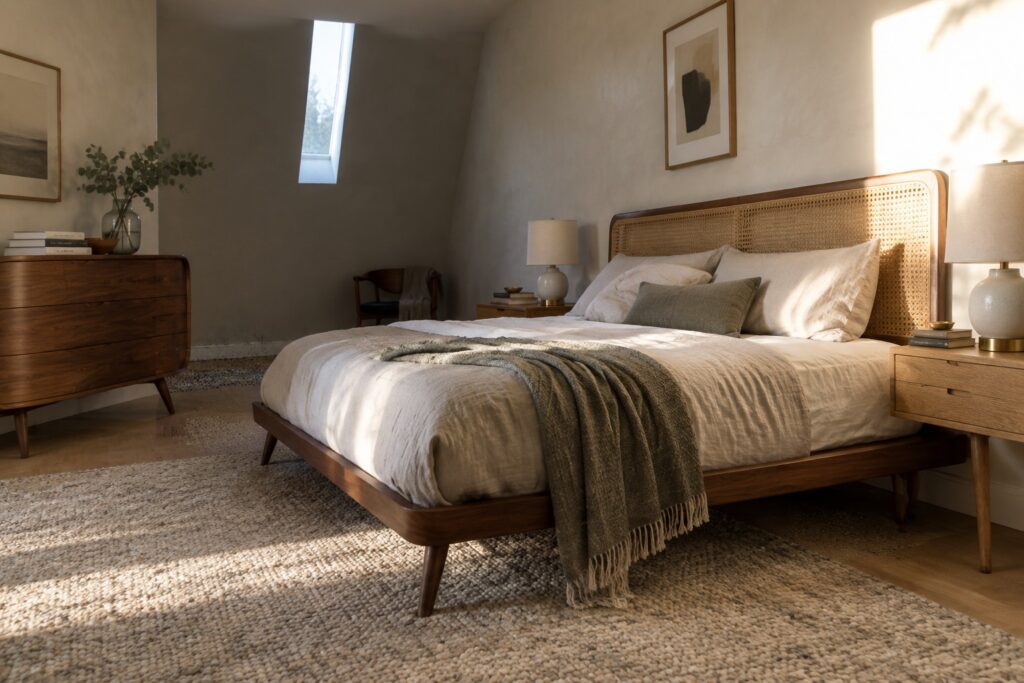 Wooden bed with rattan headboard, white linens, beige throw on textured rug in sunlit room